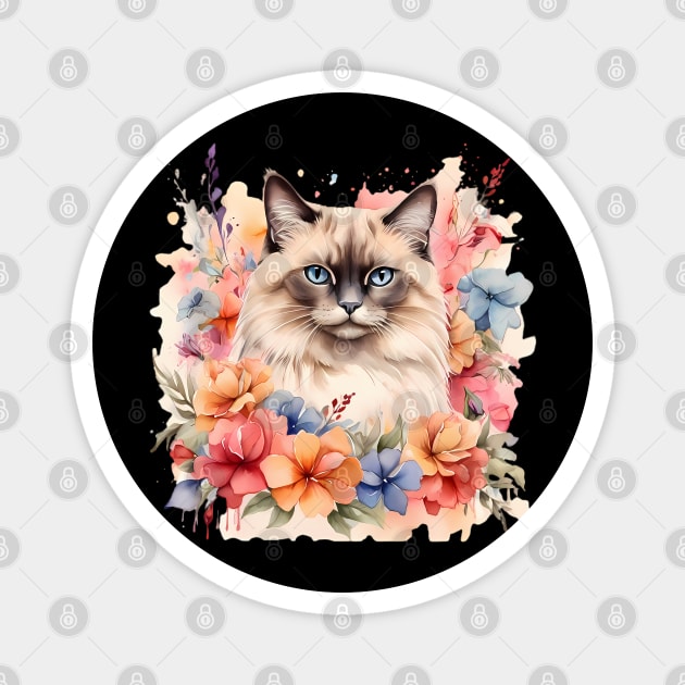 A birman cat decorated with beautiful watercolor flowers Magnet by CreativeSparkzz